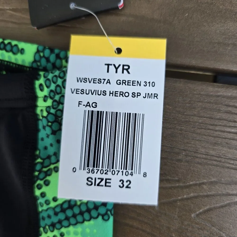 TYR Durafast Lite Vesuvius Mens Black/green Splice Swim Jammer Size 32 New